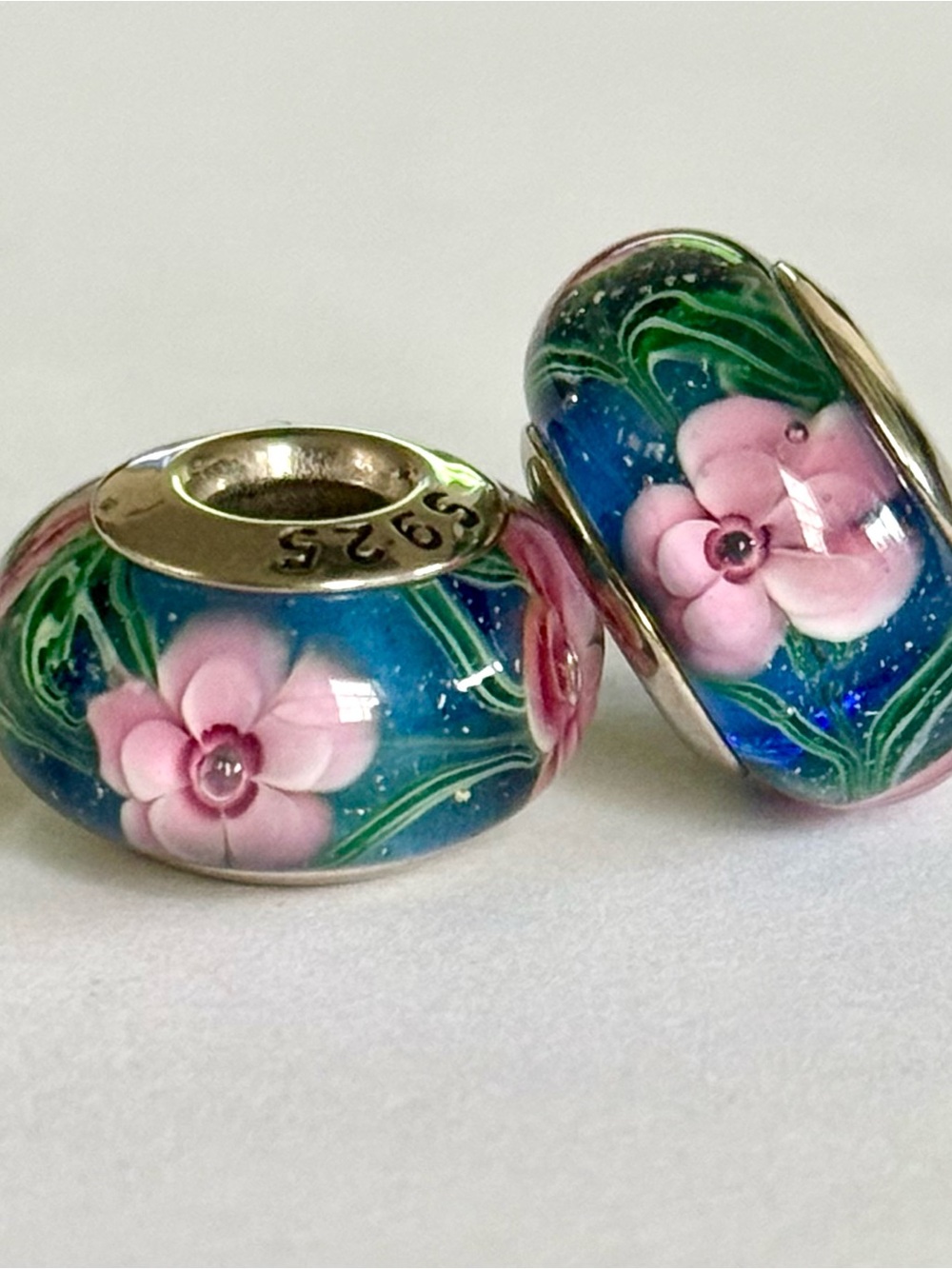 Blue Murano charms set with pink flowers details fit Pandora bracelets